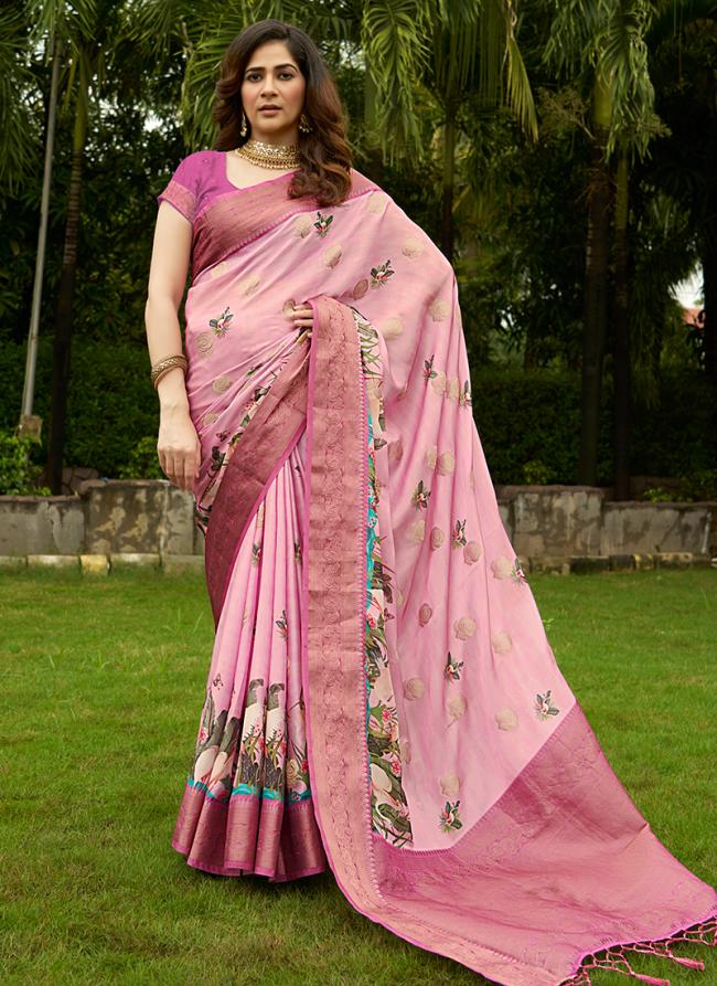 Sattin Pink Festival Wear Weaving Saree